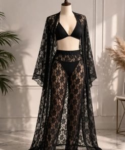 Midnight Blossom 4-Piece Sheer Lace Robe & Pant Set