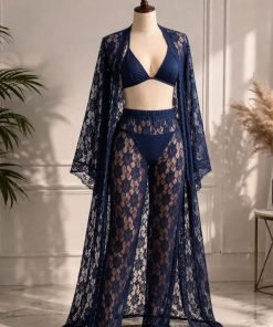 Midnight Blossom 4-Piece Sheer Lace Robe & Pant Set Navy Blue
