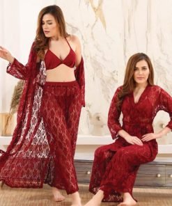 Midnight Blossom 4-Piece Sheer Lace Robe & Pant Set Maroon/Crimson