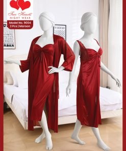 Luxury Maroon Satin Bridal Nightwear Set with Robe
