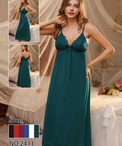 Premium Silk Satin Long Nighty with Delicate Lace Borders