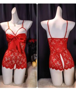 Teddy Nighty Red - Bow Lace Crotchless Lingerie