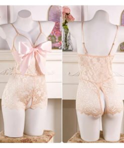 Teddy Nighty Skin / Light Peach - Bow Lace Crotchless Lingerie