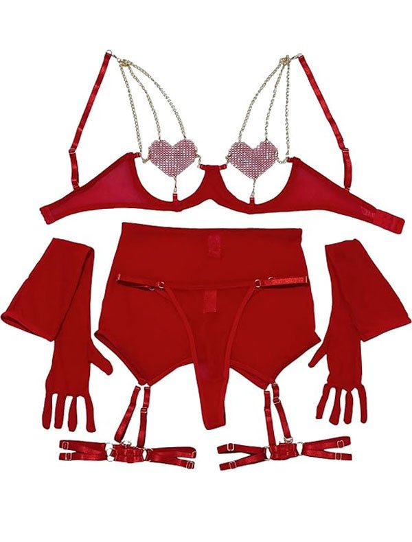 Red Heart Rhinestone Chain Garter Lingerie Set with Gloves - 4 Pcs - Image 5