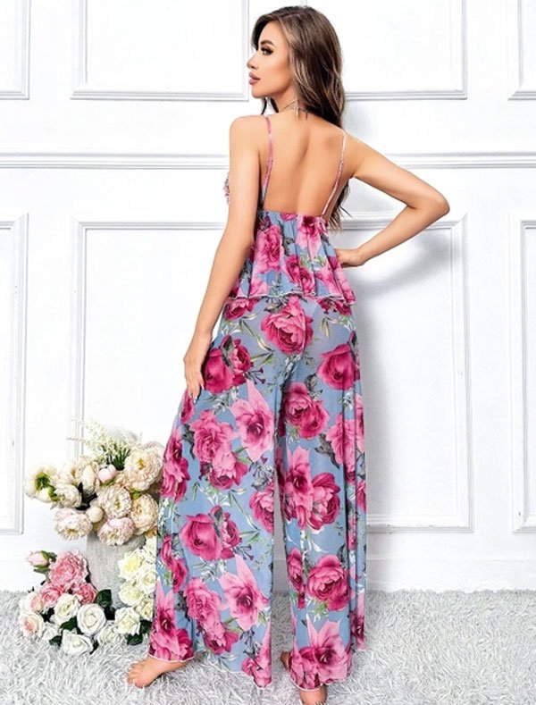 Floral Fantasy 2-Piece Silk Nighty - Bra Top & Palazzo Set - Image 3