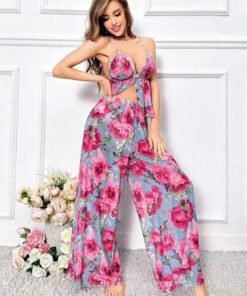 Floral Fantasy 2-Piece Silk Nighty - Bra Top & Palazzo Set