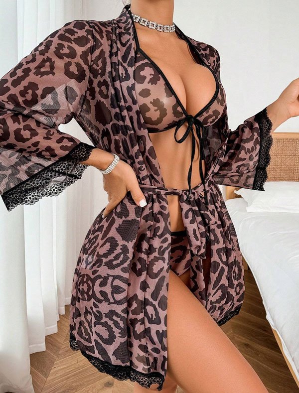 Sexy Leopard Print 3 Piece Lingerie Set with Long Kimono Robe - Image 5