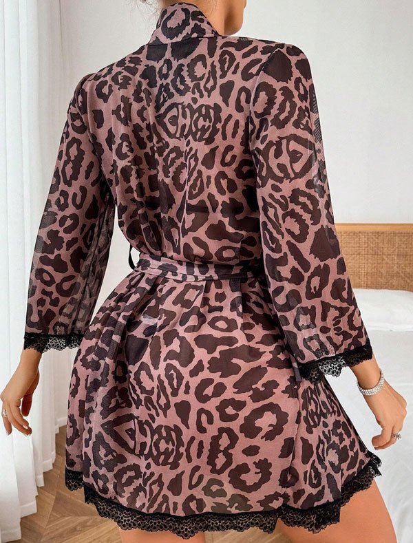 Sexy Leopard Print 3 Piece Lingerie Set with Long Kimono Robe - Image 6