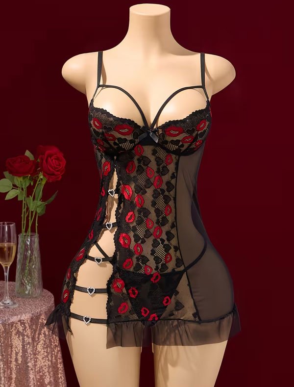 Red Kiss Print Lace Babydoll Lingerie Set with Eye Mask - Image 5