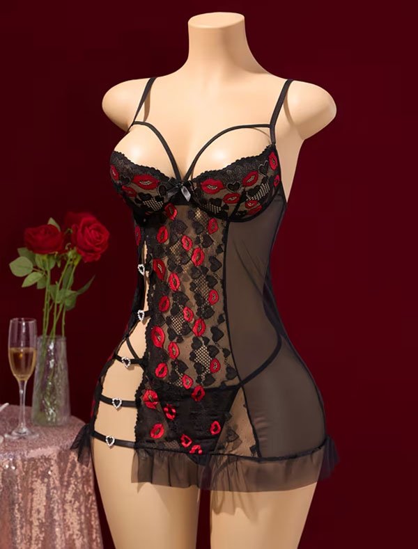 Red Kiss Print Lace Babydoll Lingerie Set with Eye Mask - Image 6