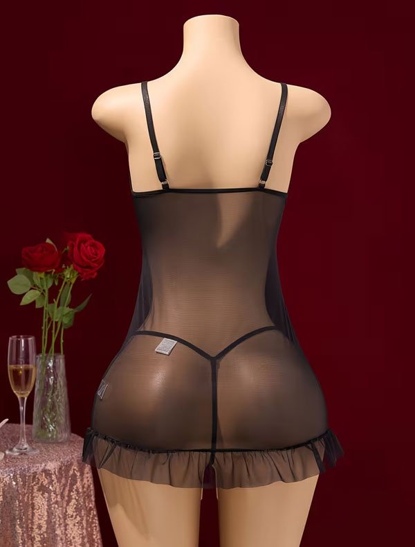 Red Kiss Print Lace Babydoll Lingerie Set with Eye Mask - Image 7