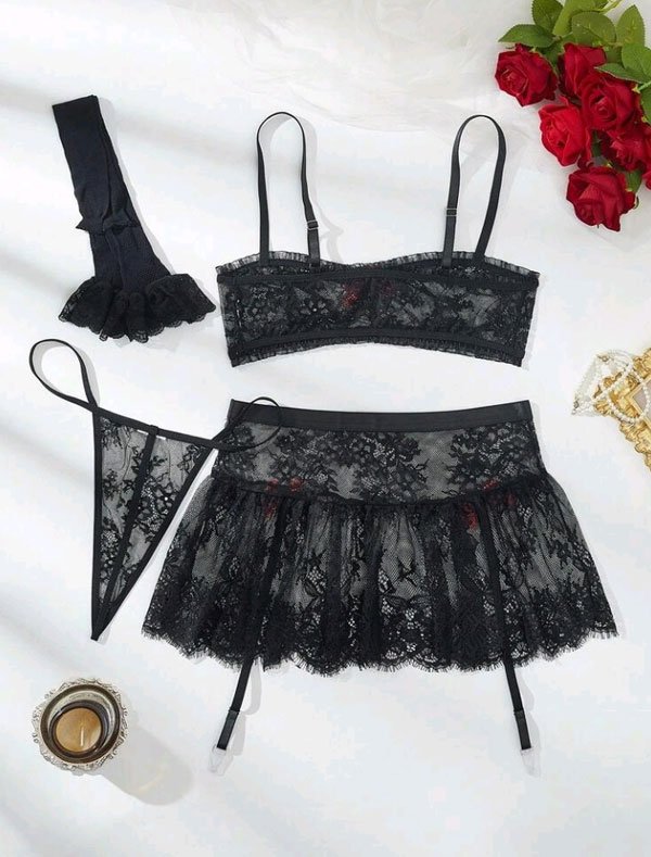 Romantic Black Lace Mini Skirt Lingerie Set With Garter - Image 5