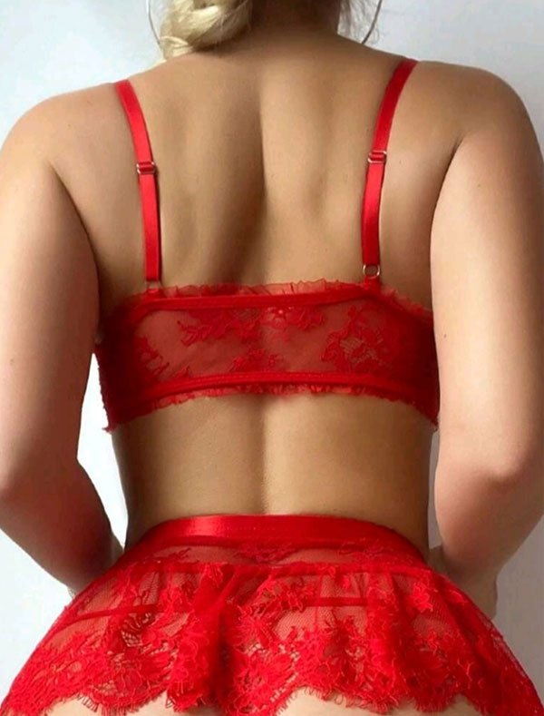 Romantic Red Lace Mini Skirt Lingerie Set With Garter - Image 5