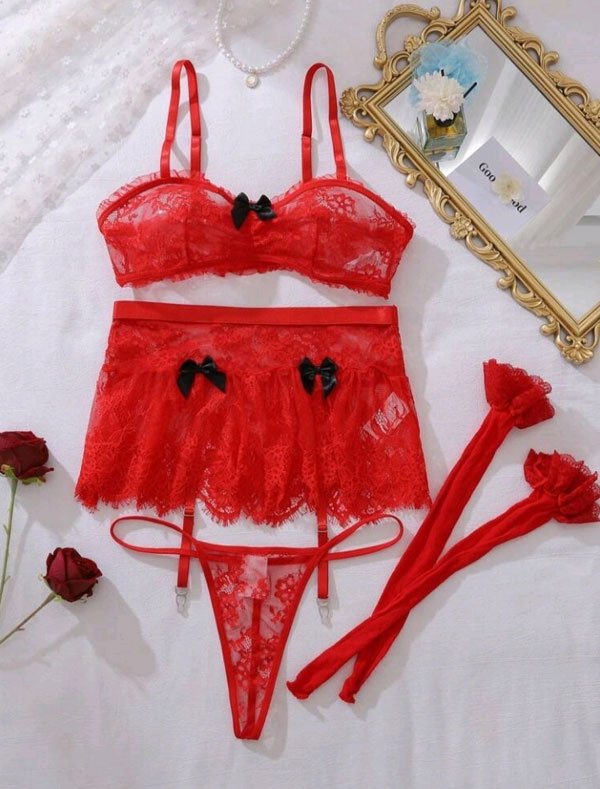 Romantic Red Lace Mini Skirt Lingerie Set With Garter - Image 6