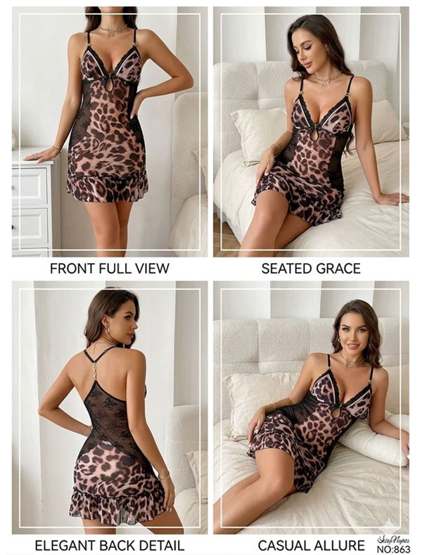 Leopard print satin-look cami nightdress with black lace detailing for women